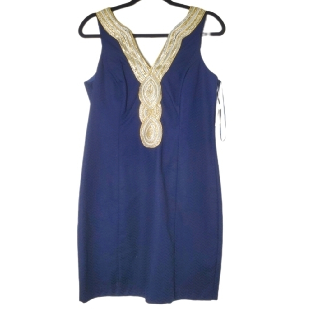 Just‎ Taylor Navy Blue Sleeveless Sheath Dress Gold Trim 8240P Womens 10P NEW